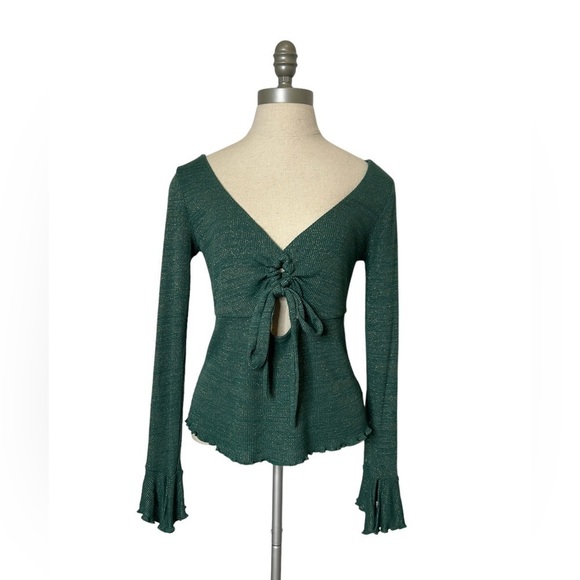 Free People Intimately Say When Metallic Green Ruched Tie Long Sleeve Shirt M - Picture 4 of 14